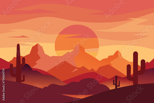 Desert landscape at sunset with cactus and mountain on sunset. Desert Mountain Vector design