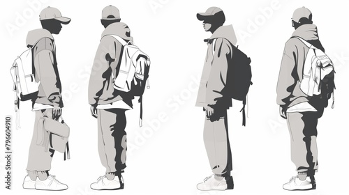 Monochrome illustration of a young man viewed from four different angles, wearing casual streetwear.