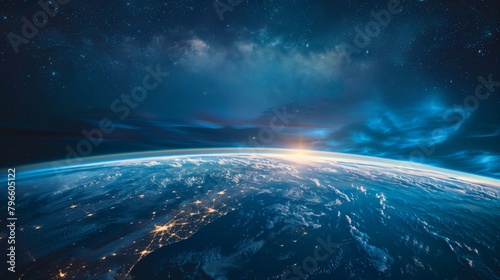 Stunning view of Earth from space with a glowing sunrise on the horizon and starry sky.