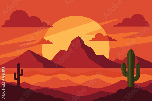 Desert landscape at sunset with cactus and mountain on sunset. Desert Mountain Vector design