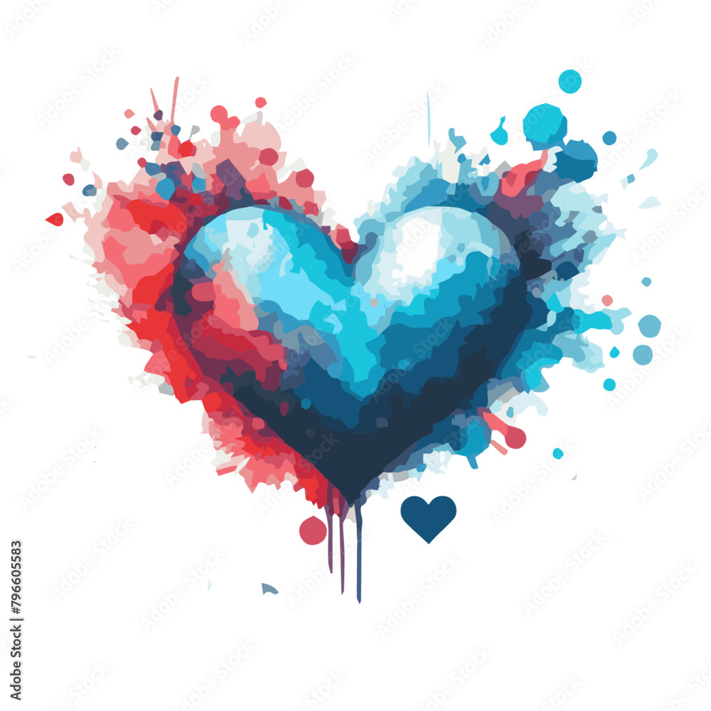 Beautiful blue, white and red watercolor illustration of HEART isolated on white background