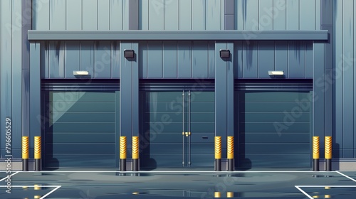 Modern warehouse exterior with sleek metallic roller shutter doors and vibrant safety bollards.