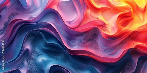 A colorful, abstract painting with a blue and red wave
