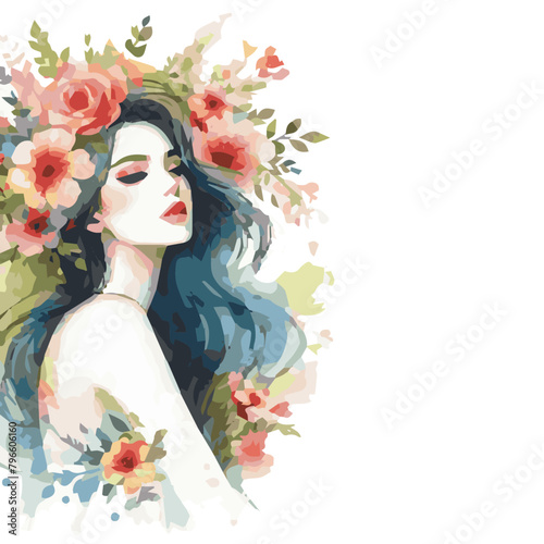 Gorgious female with flowers watercolor illustration isolated on transparent background