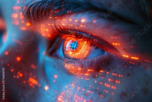 A striking close-up image emphasizing a human eye with digitally imposed red cyber patterns, denoting a futuristic theme