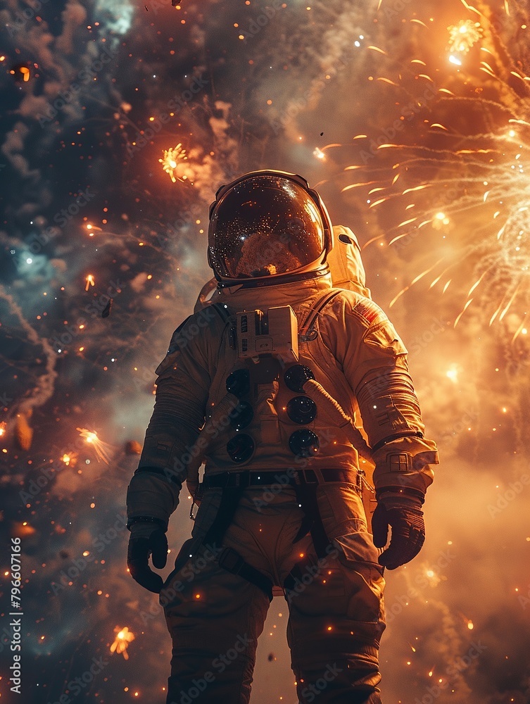 Retro lunar festival, moon base, astronauts and aliens celebrating, fireworks in space