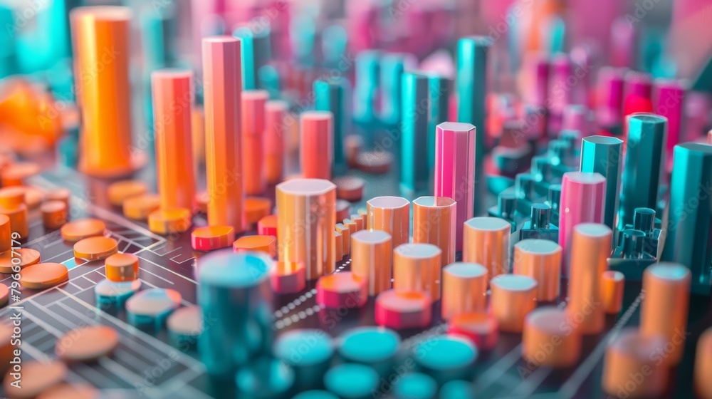 3D render of colorful cylinders of different heights on a surface with a circuit board pattern. 3D render of colorful cylinders of different heights on a surface with a circuit board pattern.