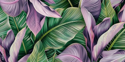 tropical luxury exotic seamless pattern of green and purple banana leaves  palm leaves  vintage 3D illustration  hand-drawn style glamorous background fabric printing texture design