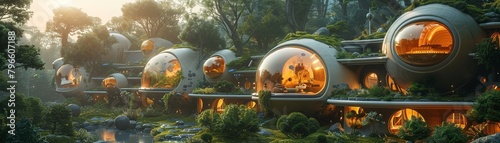 Retro space colony garden, biodomes, alien plants, residents in vintage space gear photo