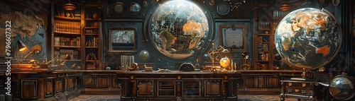 Steampunk explorers library, maps, globes, brass instruments, and hidden doors photo
