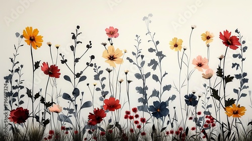 A set of silhouetted wild flowers, branches, plants, and herbs with leaves hand drawn photo