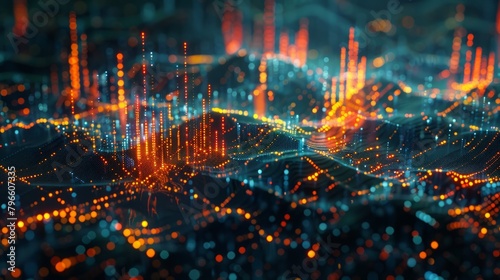 3D rendering of a circuit board with glowing orange and blue lights