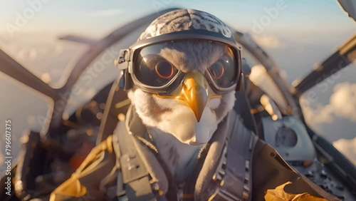 A bird wearing a pilot's hat is in the cockpit of an airplane. The bird is looking at the camera photo