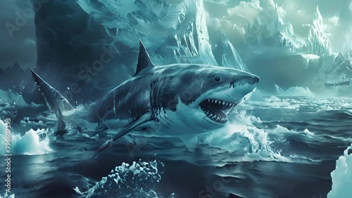 A megalodon breaches icy waters, amidst a glacial landscape, hinting at a hidden world beneath photo