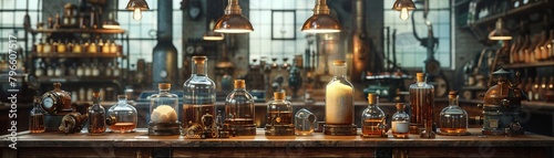 Vintage scifi laboratory  bubbling potions  eccentric scientist  steampunk gadgets