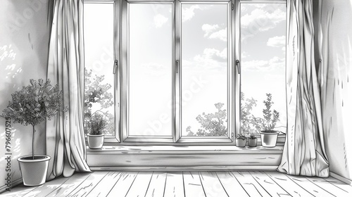 Continually drawn window with curtains and table with houseplant isolated on white. Monochrome modern illustration. photo