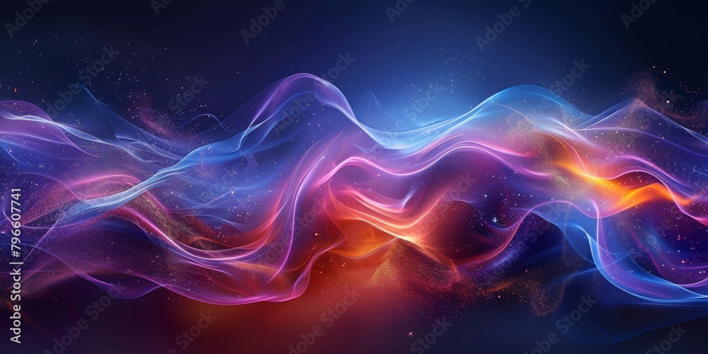 A colorful, swirling line of light and dark blue and red