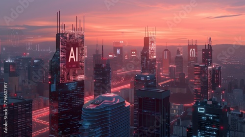Futuristic cityscape at sunset featuring high-rise buildings with neon AI signs and bustling traffic. photo