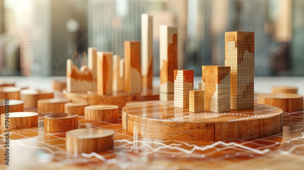 3D rendering of a wooden cityscape with graphs and charts. 3D rendering of a wooden cityscape with graphs and charts.