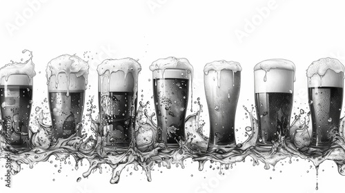 The outline of a beer glass with foam is drawn in continuous lines on a white background. Monochrome modern illustration.