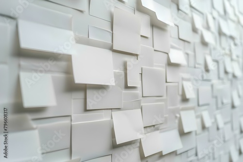 Arrangement of white sticky notes in different sizes on a wall. Concept Office Decor, Wall Display, Creative Arrangement, White Sticky Notes