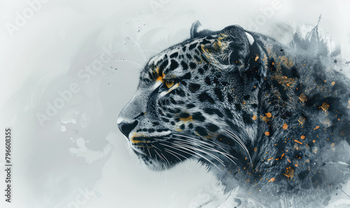 expressive amur leopard portrait in monochrome with artistic splash effects for endangered species animal photo