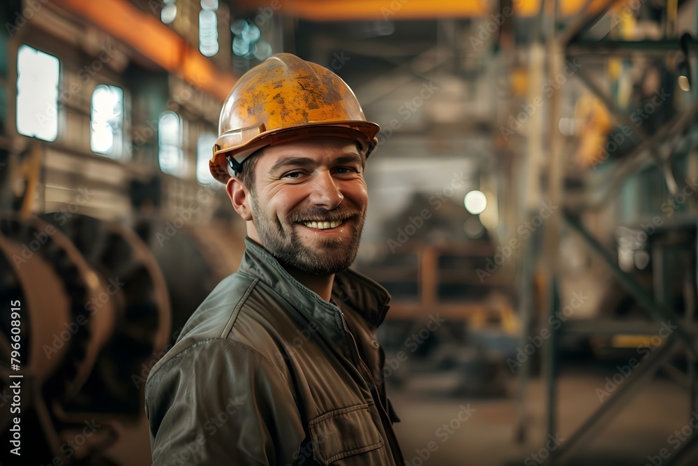 Portrait of a happy European factory worker in safety gear and work clothes. Concept Factory Work, Safety Gear, European Worker, Happy Expression, Work Clothes Portrait of a happy European factory worker in safety gear and work clothes. Concept Factory Work, Safety Gear, European Worker, Happy Expression, Work Clothes