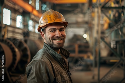 Portrait of a happy European factory worker in safety gear and work clothes. Concept Factory Work, Safety Gear, European Worker, Happy Expression, Work Clothes © Anastasiia