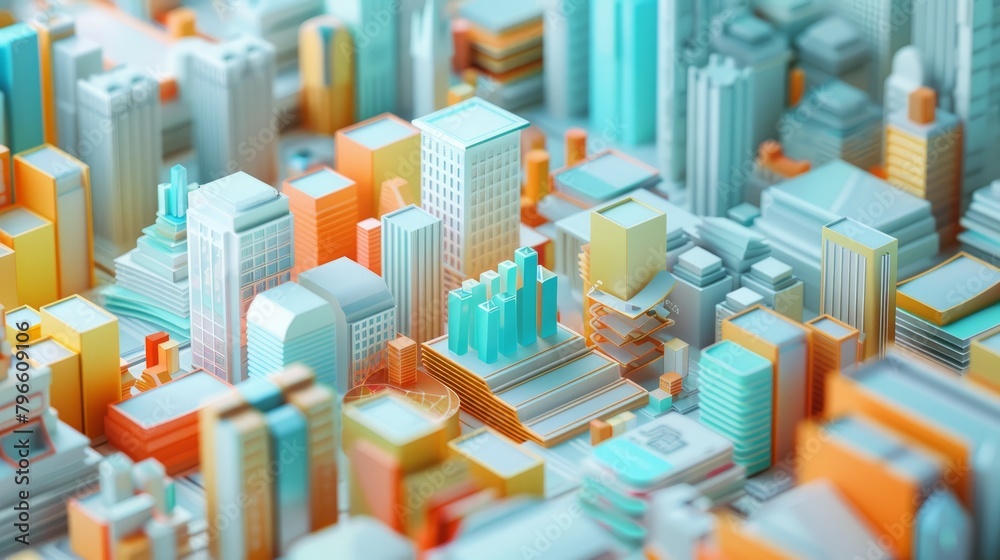 A 3D rendering of a city with pastel-colored buildings.