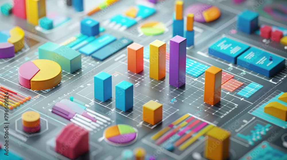 A 3D rendering of a colorful and complex data visualization. The graphs, charts, and diagrams are all rendered in a realistic and detailed style.