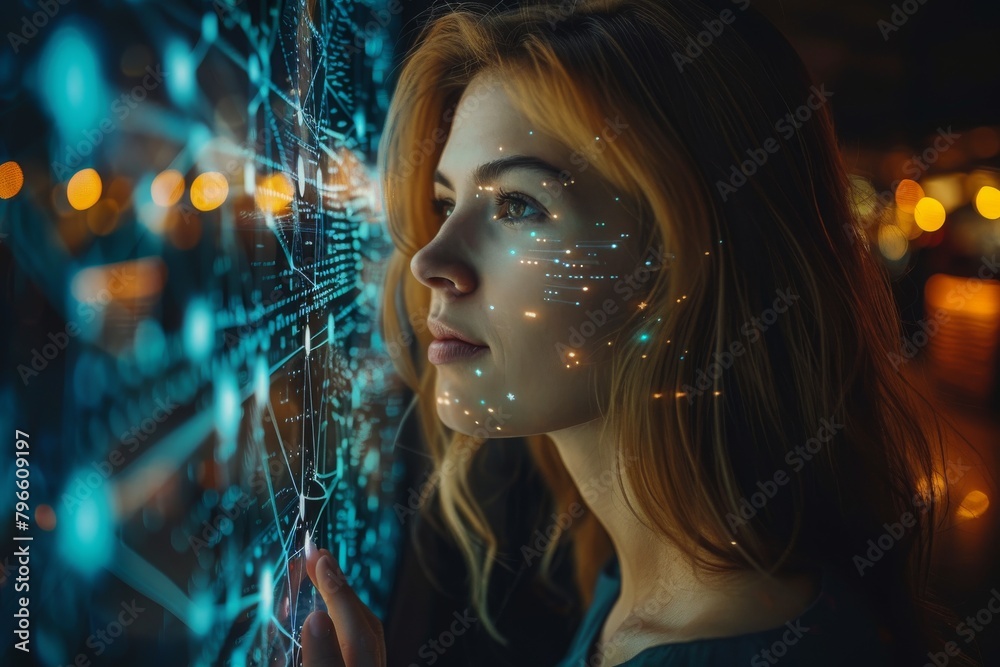 A person engages with a glowing, futuristic digital interface with complex connections and data points A person engages with a glowing, futuristic digital interface with complex connections and data points
