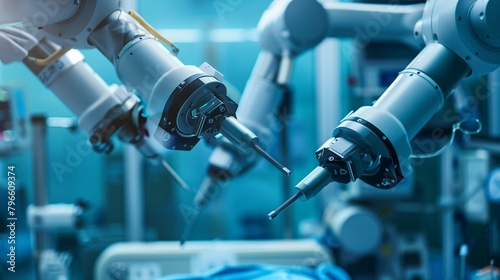 Advanced robotic arms in a high-tech medical facility performing a procedure or surgical task.