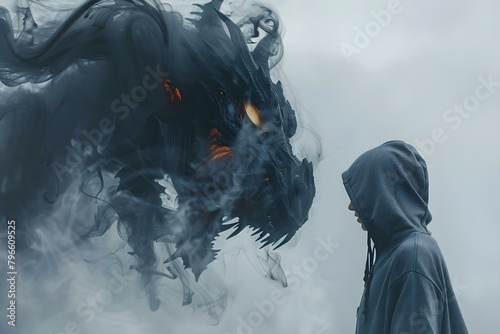 Confrontation between a hooded figure and a dragon-like demon made of black smoke. Concept Fantasy Battle, Hooded Figure, Dragon Demon, Confrontation, Black Smoke