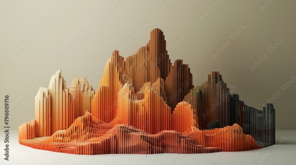 A 3D rendering of a mountain range made out of corrugated cardboard.