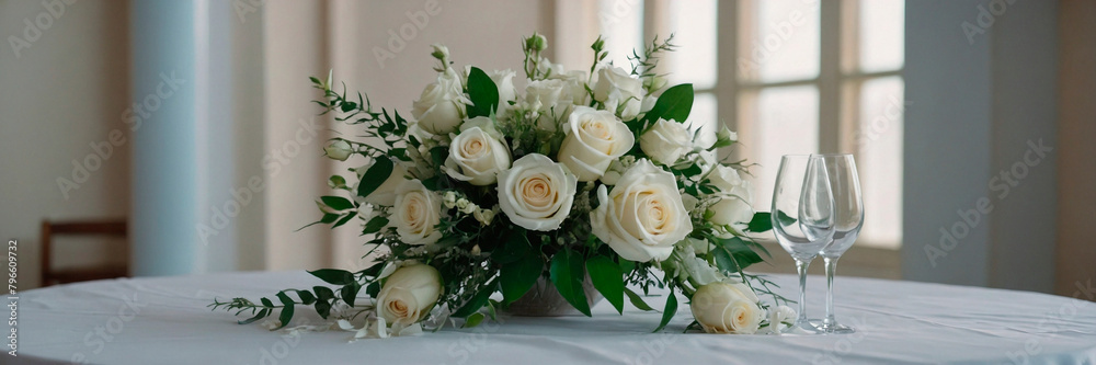 White bouquet with white roses on a wedding table decorated with white tablecloth