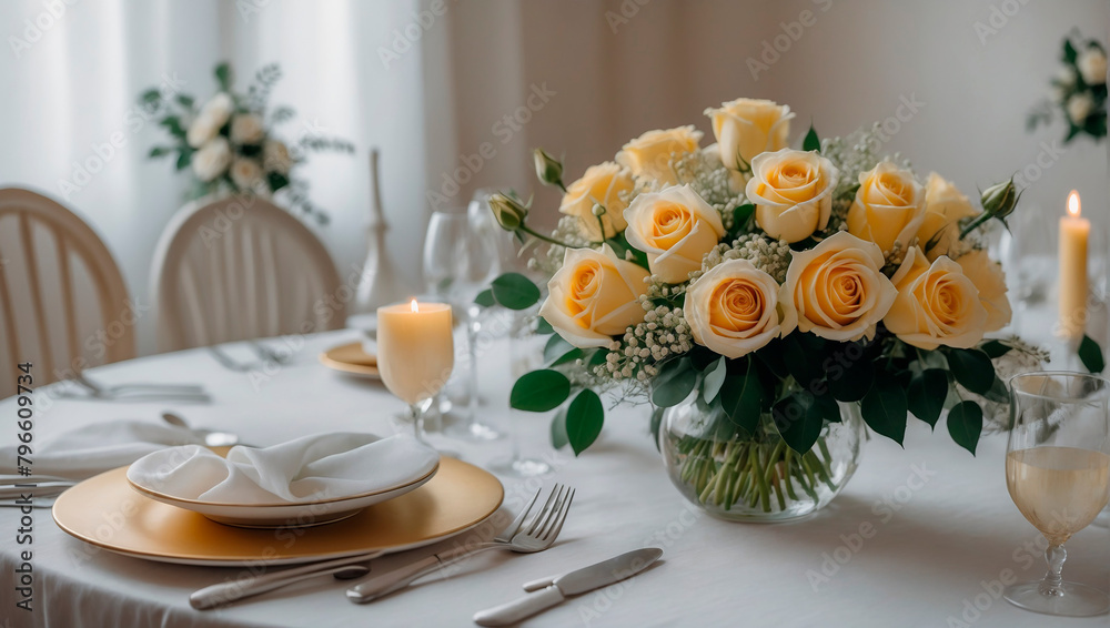 White bouquet with yellow roses on a wedding table decorated with white tablecloth White bouquet with yellow roses on a wedding table decorated with white tablecloth