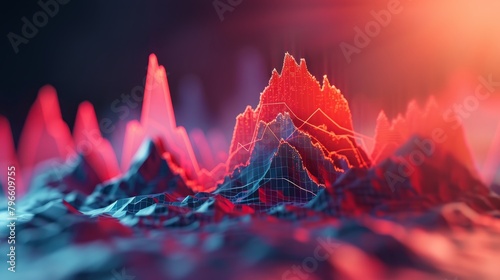 A 3D rendering of a mountain range with red and blue peaks and valleys.