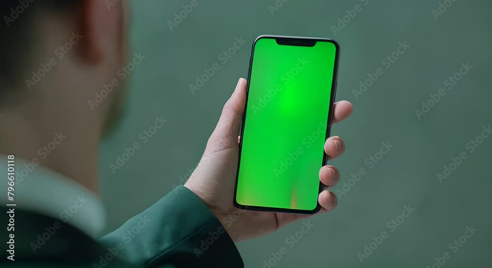 a businessman's hand holding a cell phone with a green cell phone screen, green screen cell phone mockup. the phone screen is in green color suitable for correction and adding effects on the screen.