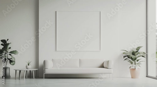 Minimalist living room with a white sofa  empty frame on wall  and decorative houseplants.