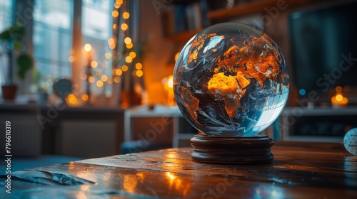 A beautiful glass globe on a wooden table. There are warm lights in the background. #796610319