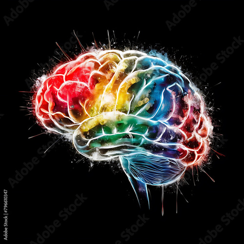 colorful glowing human brain on black background, brain anatomy, AI Generative