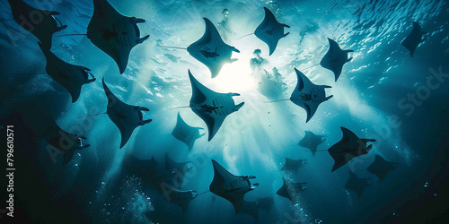 underwater photography of manta ray group migration swimming under the deep blue ocean. illuminated sun ray in the sea. photo