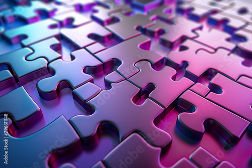 Close-up of interlocking puzzle pieces with varying shades of blue and pink, suggesting complexity and the concept of problem-solving
