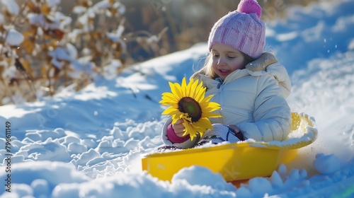 Smiling Child with a Sunflower in a Sled on a Snowy Winter Day
