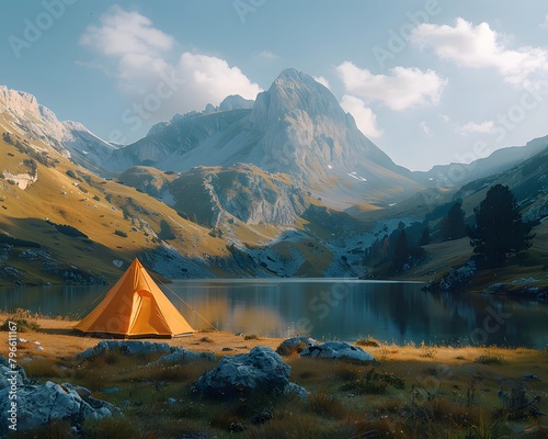 Beautiful campsite. Warm sunlight shine through the mountains onto green field. The lake and tranquil valley are visible in the background. We will experience an adventure amidst the beauty of nature.