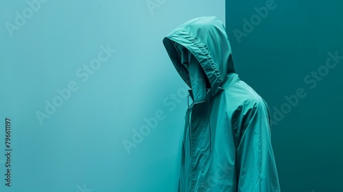 Artistic image of a person in a turquoise hooded raincoat against a monochrome background.