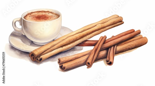 Cinnamon sticks beside a cinnamonspiced latte