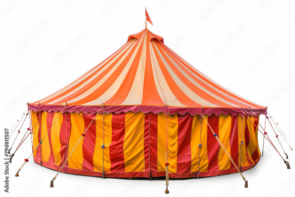 A vibrant red and yellow striped circus tent with a pointed top, symbolizing entertainment and traditional festive attractions