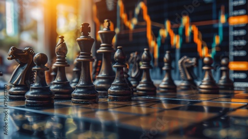 A chessboard with a glowing orange background of a stock market chart. photo