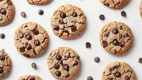 Top view of healthy homemade chocolate chip cookies using whole wheat flour and dark chocolate chips, less sugar, isolated on a clean background, studio lighting